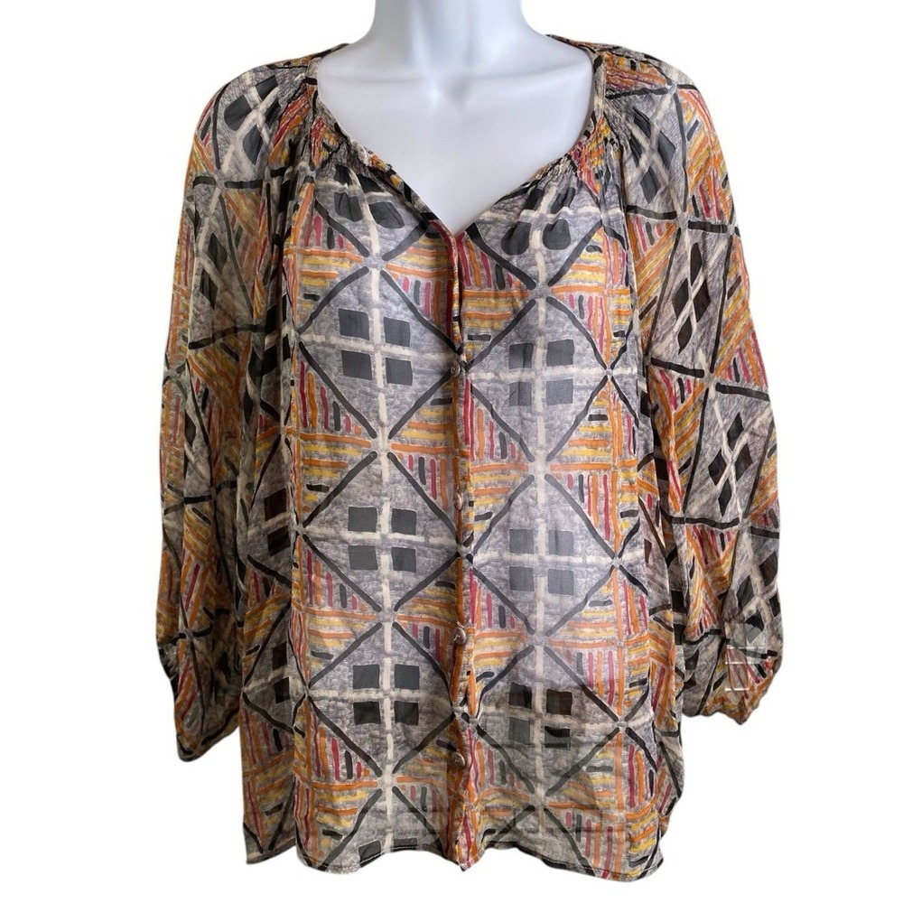 TUCKER Women's 100% Silk Peasant Blouse L Cottegecore Boho Hippie Flowy Aztec